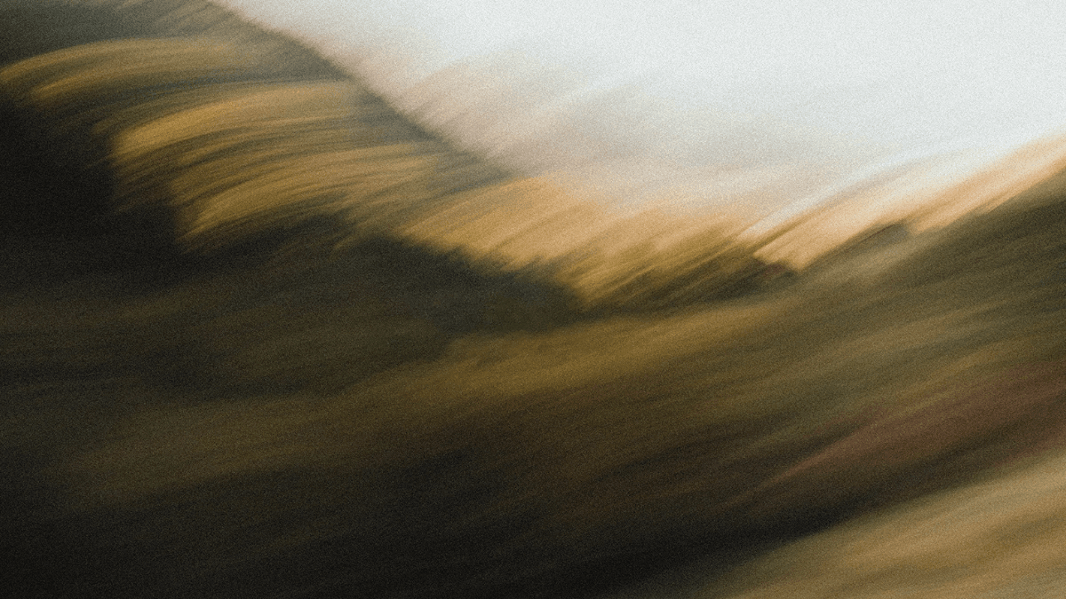 A motion-blurred coastal landscape in muted green and gold tones